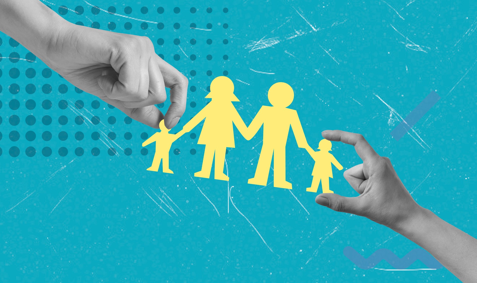 Family connection represented through hands holding silhouettes of people on a vibrant blue background with abstract patterns